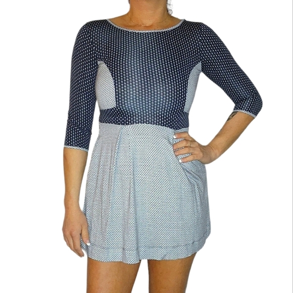 French Connection Quarter Sleeve Mini Dress Blue Grey Polka Dot Size 4 - Picture 5 of 5
